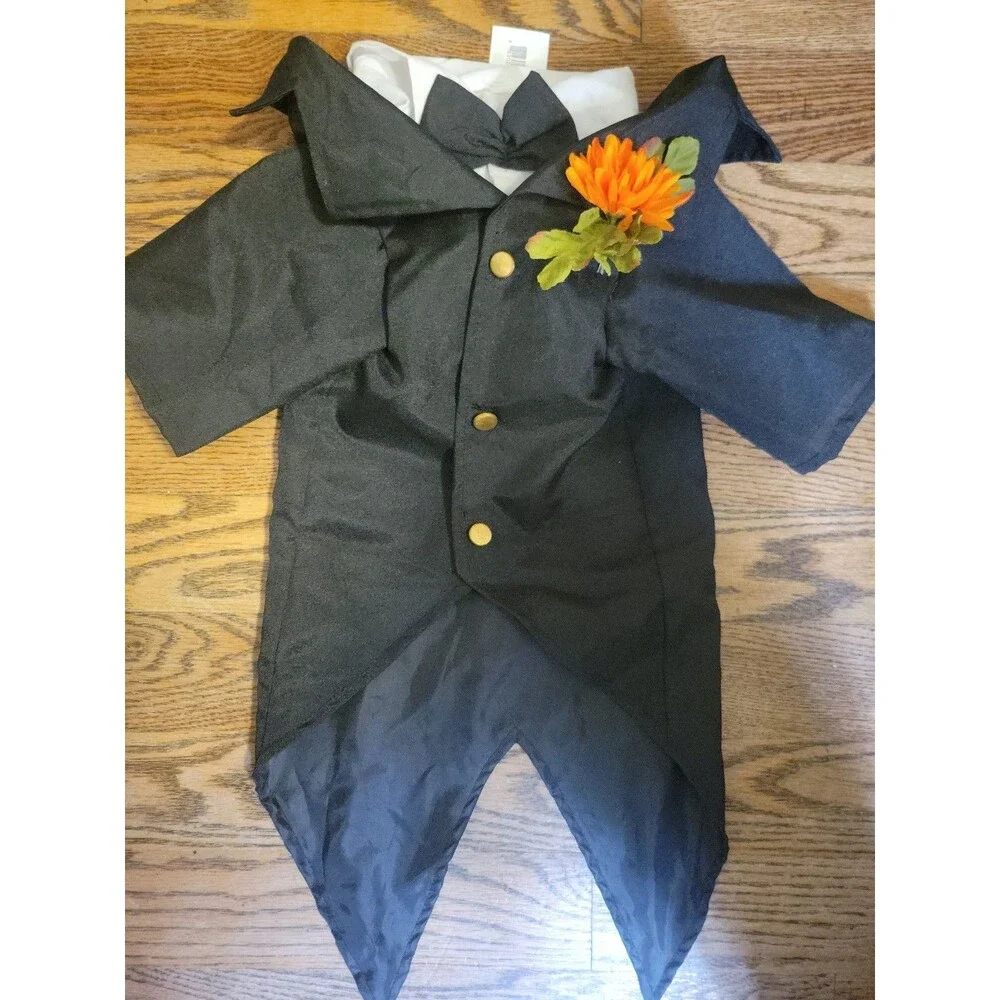 Black & White Dog Tuxedo w/ Bow Tie, Size L, Polyester Wedding Theme
